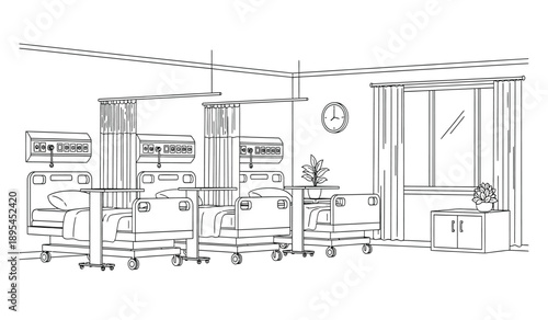 Office interior with furniture and equipment in a line drawing style