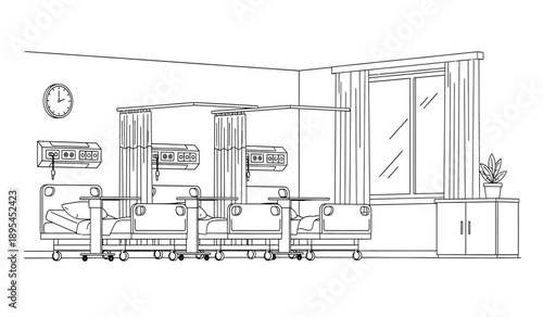 A detailed line drawing of a hospital ward interior with multiple beds and medical equipment