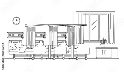 A detailed line drawing of a modern kitchen with appliances and furniture