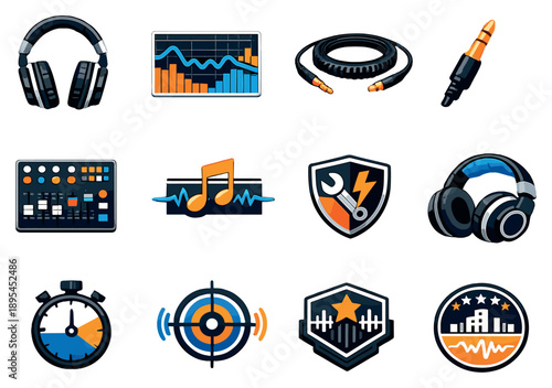 Professional and Studio Headphones in flat style: studio monitor headphones, flat response graph, coiled cable, audio jack plug, mixing console link, reference. Vector icons