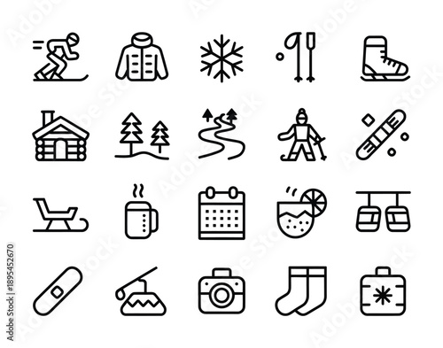 Vector icons depict winter activities and skiing gear in a chic design
