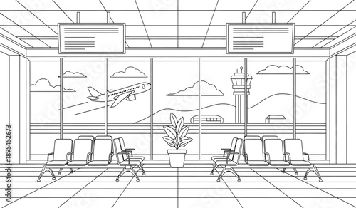Black and white line drawing of an airport lounge with chairs and a potted plant in front of a large window showing a plane taking off and a control tower outside