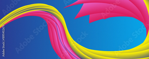 Dynamic Swirling Waves of Yellow and Pink Flowing Across a Vibrant Blue Gradient Background, Abstract Fluid Art