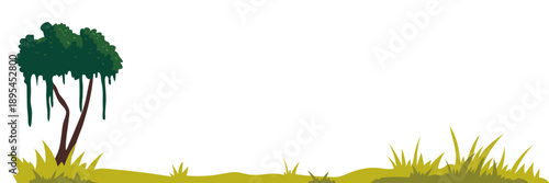 Stylized illustration of a solitary tree with dripping green foliage on a grassy knoll.