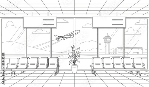 A black and white line drawing of an airport terminal interior with chairs and a plant