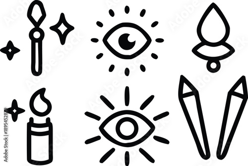 Mystical and magical outline icons featuring stars, eyes, torches, candles, and pencils for design