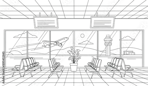 A black and white line drawing of an airport lounge with chairs and a plant on the floor in front of a large window