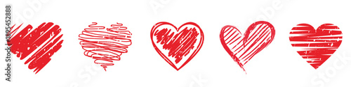 Set of five red hand-drawn hearts with various scribble, sketch, and grunge textures.