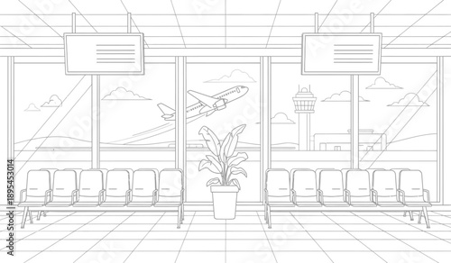 Airplane taking off at airport terminal with seating area and plant