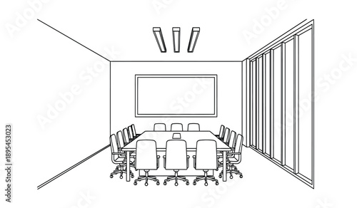 A black and white line drawing of a conference room with a long table and chairs