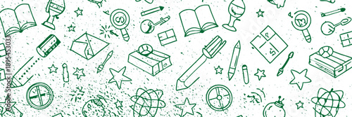 A chaotic pattern of green, hand-drawn doodle icons featuring school supplies, holiday gifts, and stars, all in a sketchy, grunge style.