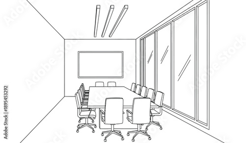 A black and white line drawing of a modern office conference room with a large table and chairs around it