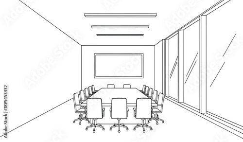 A line drawing of a conference room with a table and chairs in front of a large screen on the wall with glass doors