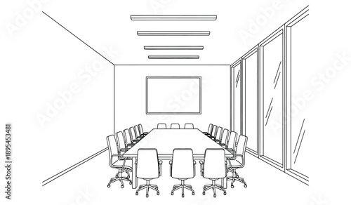 A black and white line drawing of a conference room with a long table and chairs around it