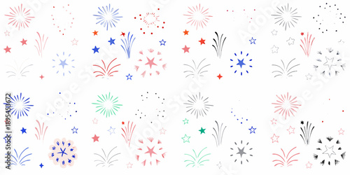 Colorful fireworks and stars pattern against a white background