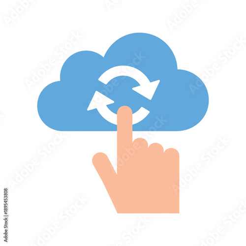 A hand interacting with a cloud icon featuring a circular arrow for data synchronization and backup.