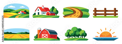 Countryside landscape overview in flat style: rolling hills, farmhouse, dirt road, wooden fence, open field, barn building, tree cluster, horizon sun. Vector icons