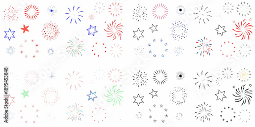 Collection of colorful firework and starburst illustrations on a white background