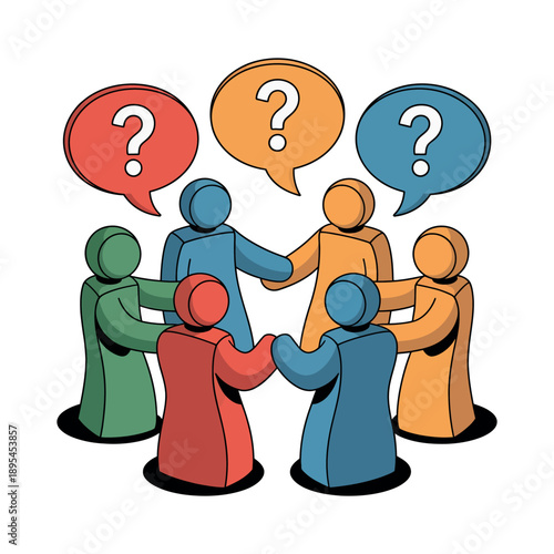 A group of diverse people standing in a circle with question marks above their heads, symbolizing confusion and inquiry.