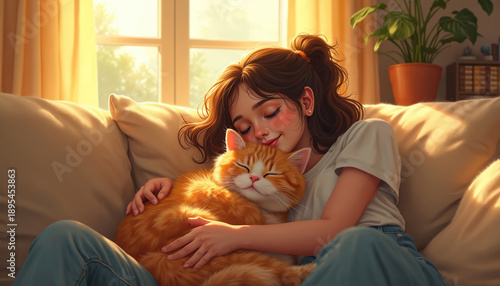 Young woman hugs orange cat on couch in warm sunlight. Peaceful girl and pet share cozy moment indoors. Bond, affection, and comfort radiate from this home scene, showing pure happiness.