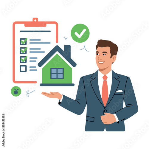A smiling businessman presenting a green house with a checklist and a verified stamp, symbolizing a successful real estate transaction or home inspection.