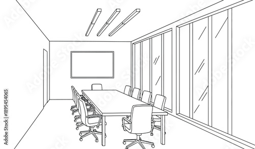 A black and white line drawing of a modern office conference room with a long table and chairs