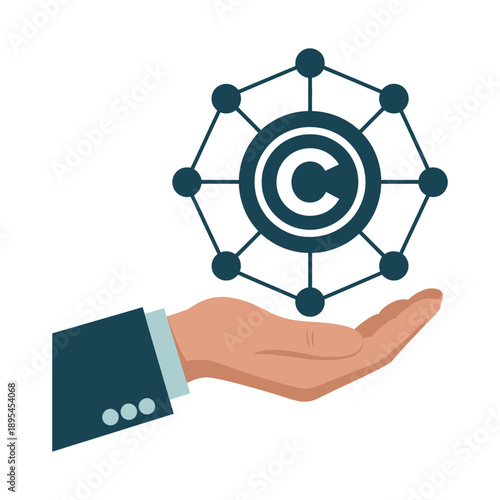 A hand in a business suit holding a copyright symbol surrounded by a network of connected nodes.