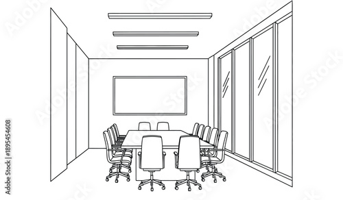 A black and white line drawing of a modern office conference room with a large table and chairs