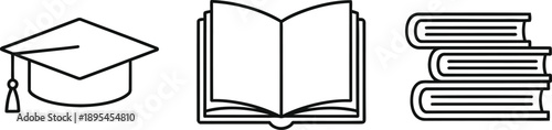 Education icons including graduation cap open book and stacked books