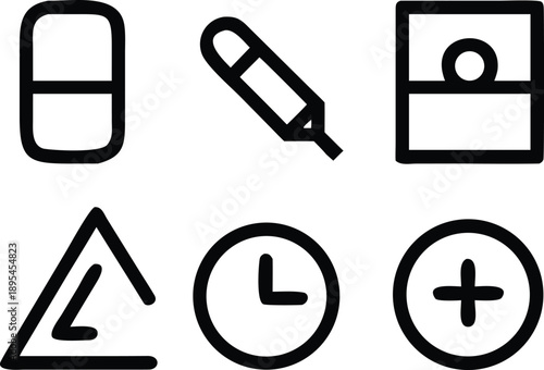 Basic user interface icon pack with eraser, pencil, folder, warning triangle, clock, and plus sign