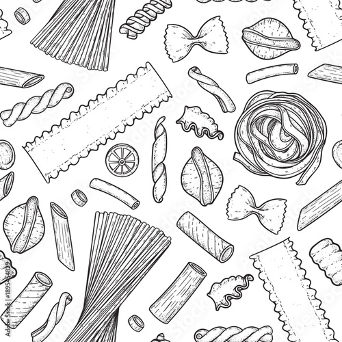 Traditional Italian pasta seamless pattern. Vector drawing. Italian food. Staple food. Hand drawn vector illustration. Design for packaging, menu.
