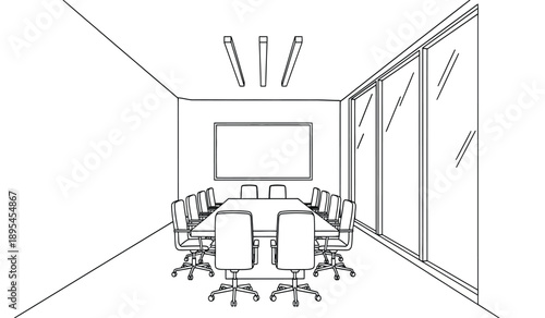 A black and white line drawing of a modern office conference room with a large screen and chairs around a table