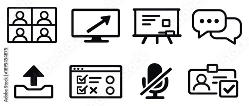 Virtual learning tools in outline style: video conference grid, screen share icon, digital whiteboard, chat discussion bubbles, file upload arrow, quiz. Vector icons