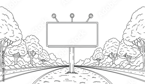 A blank billboard sign on a roadside with trees and a for advertising or messaging purposes
