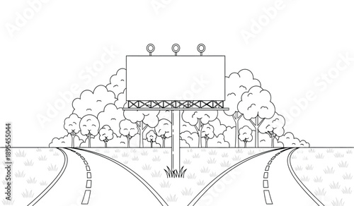 A black and white line drawing of a billboard standing on a grassy median between two roads, surrounded by trees and bushes