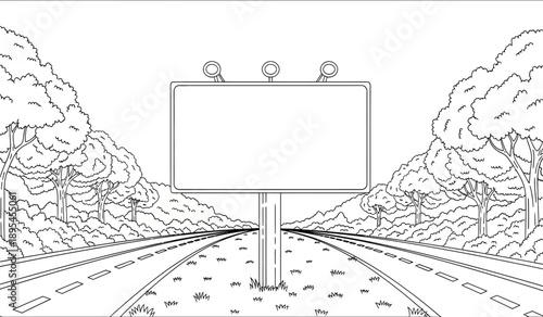 A blank billboard sign on a railroad track surrounded by trees and foliage on both sides
