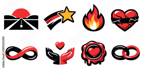 Enduring quiet love journey in bold style: long path horizon, memory star, sustained flame, resilience heart, timeless loop, unseen support hands, devotion seal. Vector icons
