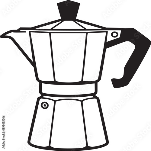 A black and white illustration of a moka pot with a handle and a lid on a white background art