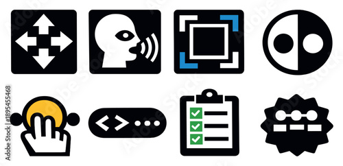 Accessibility and usability considerations in bold style: keyboard navigation arrows, screen reader label, focus outline, sufficient contrast icon, tap target. Vector icons