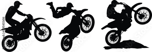 Motocross rider silhouette collection showing dirt bike stunts, extreme motorcycle action poses, off road racing and freestyle jump scenes in black vector style