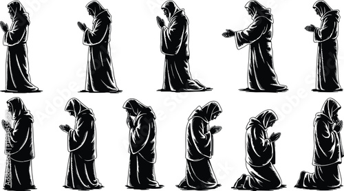 Monk Prayer Silhouette Illustration Set Showing Hooded Religious Figure in Various Standing and Kneeling Prayer Poses Symbolizing Faith Spirituality and Devotion Isolated on White Background