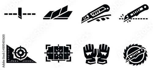 Cutting techniques and applications in bold style: straight cut line, angled cut, trimming icon, scoring line, precision guide, workspace alignment, protective. Vector icons
