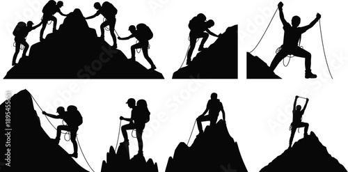Mountain Climbing and Teamwork Silhouette Illustration Set Showing Hikers and Climbers Reaching Summit with Ropes Symbolizing Adventure Leadership and Success Isolated on White Background