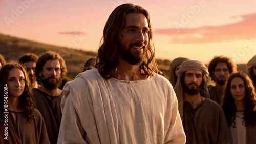 A portrait of a religious jesus christus depicted with long hair and a beard, standing among a crowd of people and talking to them.