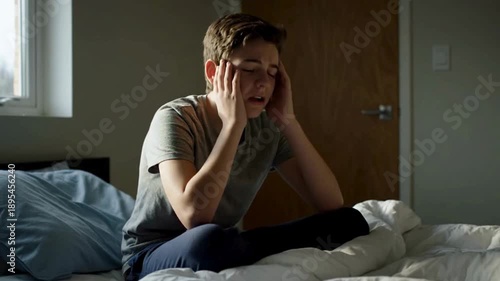 A young man is visibly distressed, sitting on a bed and burying his face in his hands, reflecting inner turmoil and vulnerability.
