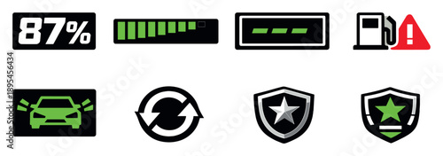 Digital fuel gauge displays in bold style: digital percentage readout, bar level indicator, LCD screen, fuel icon alert, range remaining text, system status. Vector icons