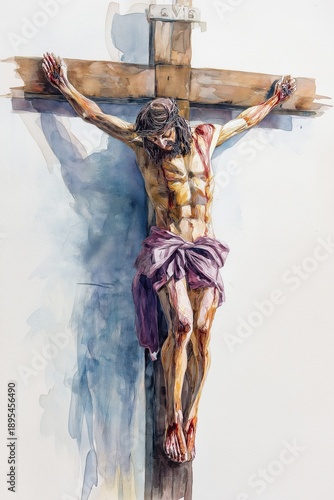 painting of crucifixion, Watercolor painting of Jesus in the cross. Jesus dies on the Cross. The Crucifixion and Death of Jesus.	
