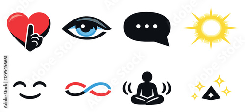 Silent love concept overview in bold style: quiet heart, gentle glance, unspoken words bubble, soft glow aura, subtle smile, connection thread, calm presence. Vector icons