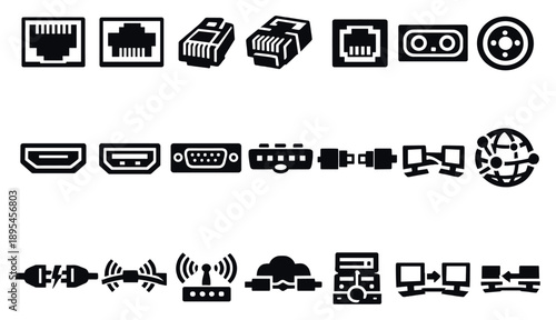 Sockets for Data and Networking in bold style: Ethernet socket, LAN port, RJ45 connection, data port, network jack, telephone jack, fiber optic socket, coaxial. Vector icons