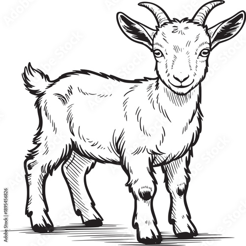 A detailed monochrome sketch of a young goat standing on a white surface with a shadow beneath it